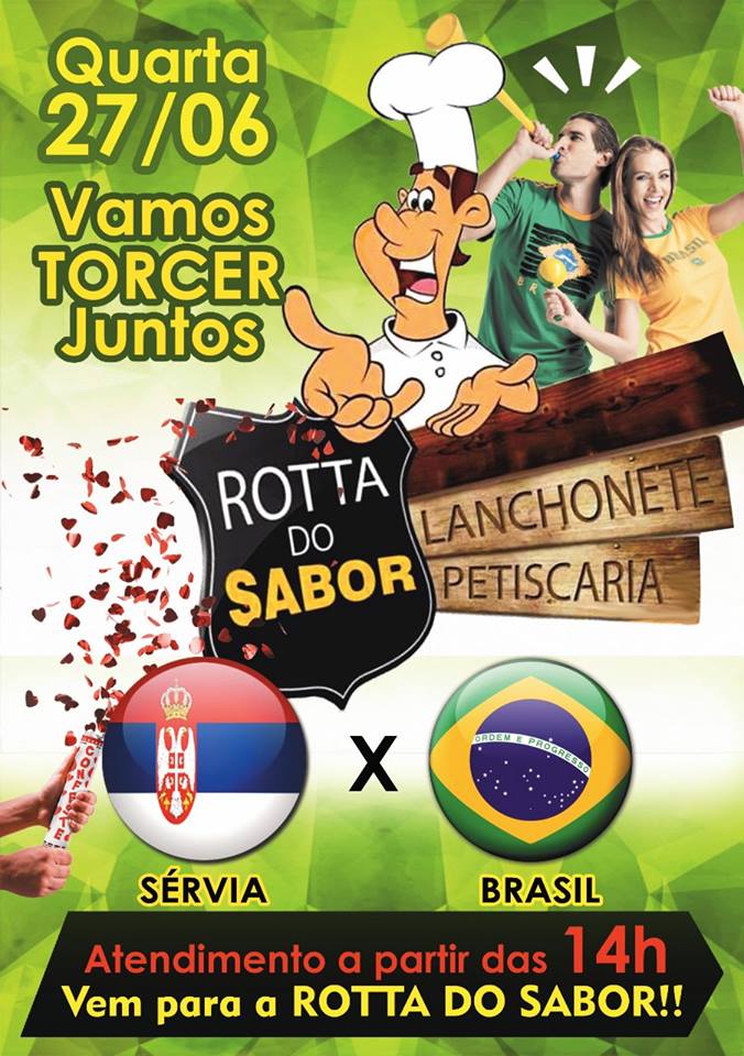 Lanchonete Rotta do Sabor terá horário especial pra você torcer pelo Brasil na Copa, nesta 4.a feira, em Lácio.