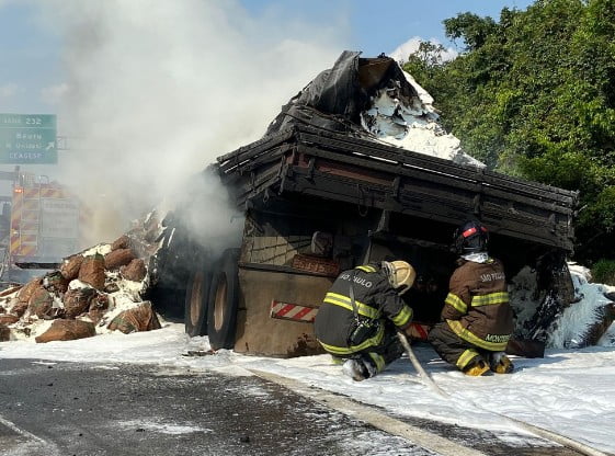 Carregado com 18 toneladas de amido de milho, caminhão pega fogo em rodovia