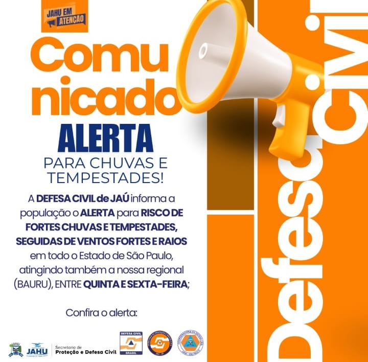 Defesa Civil de Jaú alerta para chuvas fortes 5.a e 6.a feira